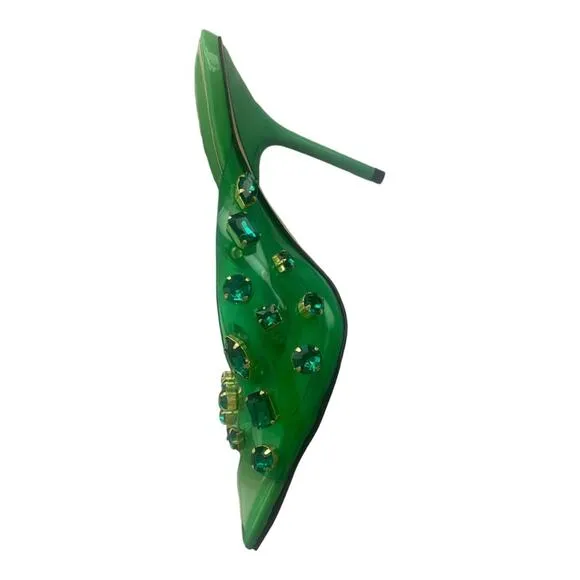 Good American Jeweled Emma Slip Heels Mules Diamonds Square Toe Green Size 10.5