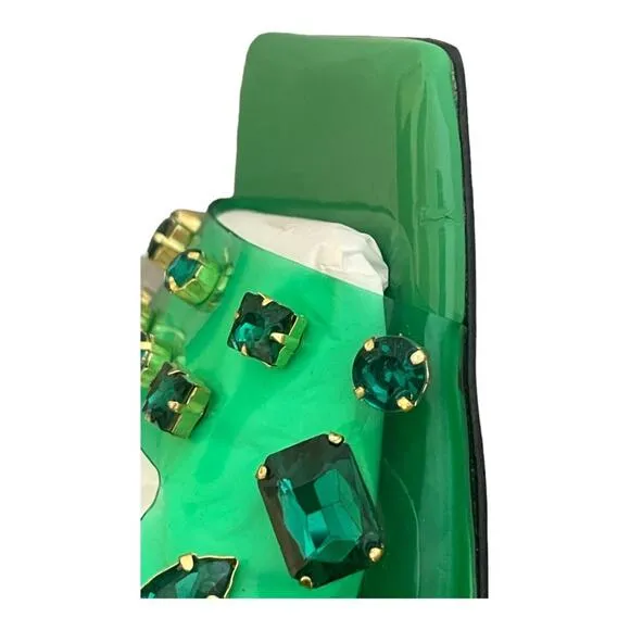 Good American Jeweled Emma Slip Heels Mules Diamonds Square Toe Green Size 10.5