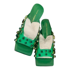 Good American Jeweled Emma Slip Heels Mules Diamonds Square Toe Green Size 10.5