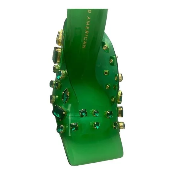 Good American Jeweled Emma Slip Heels Mules Diamonds Square Toe Green Size 10.5