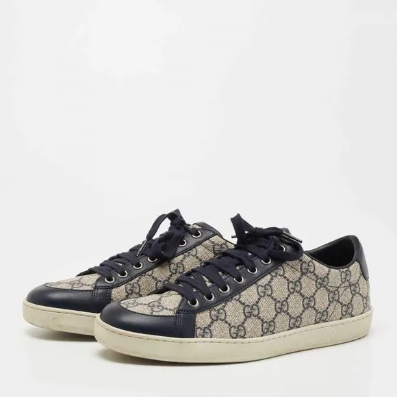 GUCCI Beige/navy Blue Gg Supreme Canvas And Leather Low Top Sneaker Size 38.5