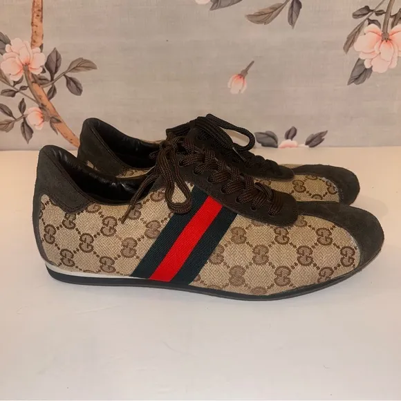 GUCCI GG Suede Canvas Classic Web Low Top Sneaker Brown/Beige Men's 11