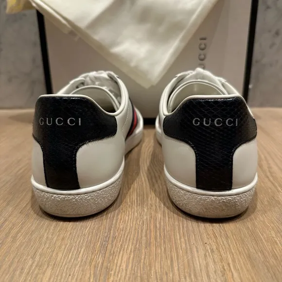 Gucci White Leather with Blue and Red Stripe Sneakers