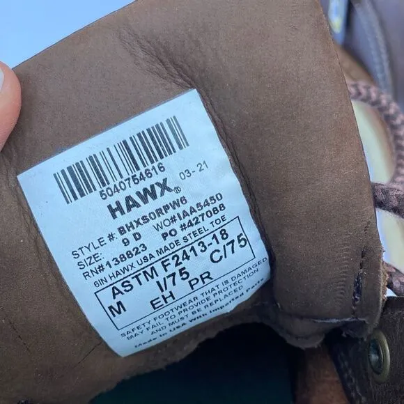 HAWX MEN'S USA WEDGE WORK BOOTS - STEEL TOE Size 9D