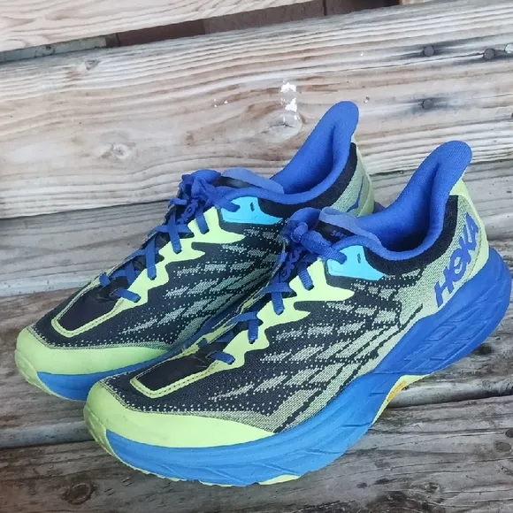 Hoka Athletic Shoes in Blue and Neon Yellow