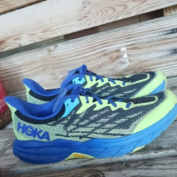 Hoka Athletic Shoes in Blue and Neon Yellow