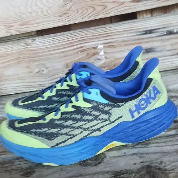 Hoka Athletic Shoes in Blue and Neon Yellow