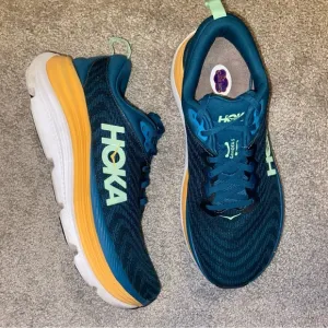 Hoka Athletic Shoes in Teal and Yellow Gaviota 5 Running Sneakers Logo Support