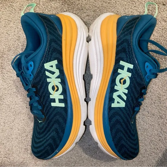 Hoka Athletic Shoes in Teal and Yellow Gaviota 5 Running Sneakers Logo Support