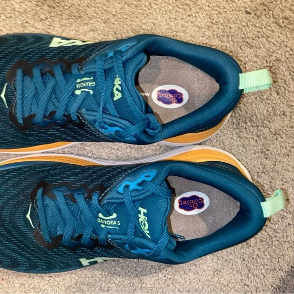Hoka Athletic Shoes in Teal and Yellow Gaviota 5 Running Sneakers Logo Support