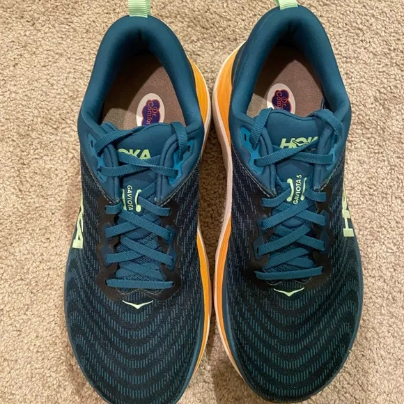 Hoka Athletic Shoes in Teal and Yellow Gaviota 5 Running Sneakers Logo Support