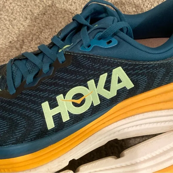 Hoka Athletic Shoes in Teal and Yellow Gaviota 5 Running Sneakers Logo Support