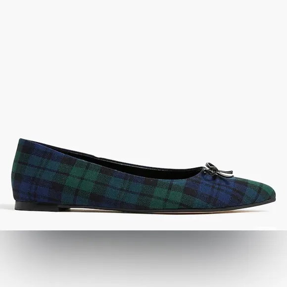 J. Crew Black Watch Plaid Pointed-toe Flats Navy Green Shoes w/Bow Size 7 NWT