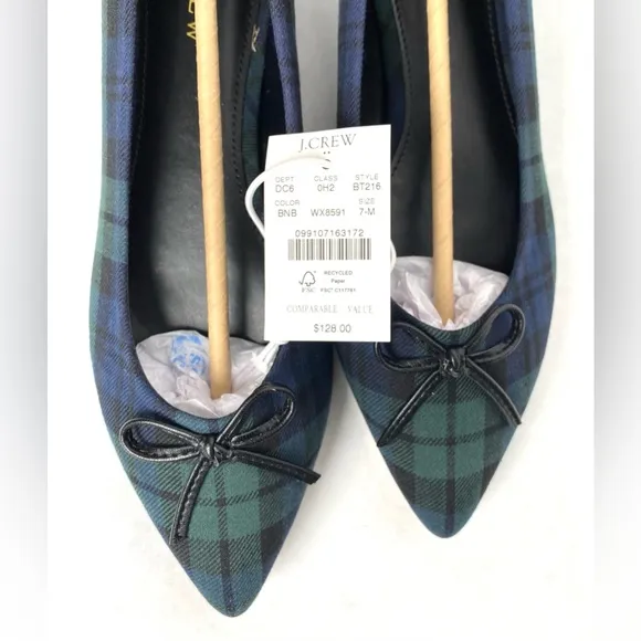 J. Crew Black Watch Plaid Pointed-toe Flats Navy Green Shoes w/Bow Size 7 NWT