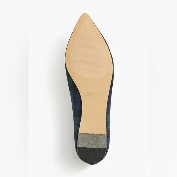 J. Crew Black Watch Plaid Pointed-toe Flats Navy Green Shoes w/Bow Size 7 NWT