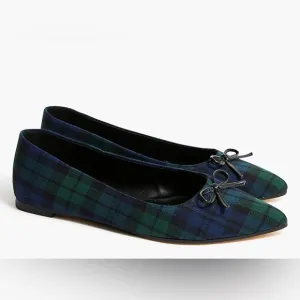 J. Crew Black Watch Plaid Pointed-toe Flats Navy Green Shoes w/Bow Size 7 NWT