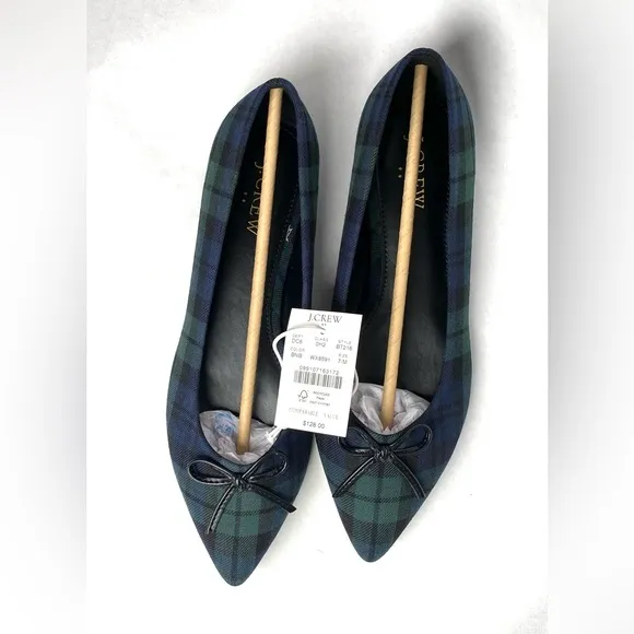 J. Crew Black Watch Plaid Pointed-toe Flats Navy Green Shoes w/Bow Size 7 NWT