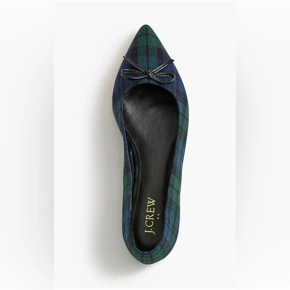 J. Crew Black Watch Plaid Pointed-toe Flats Navy Green Shoes w/Bow Size 7 NWT