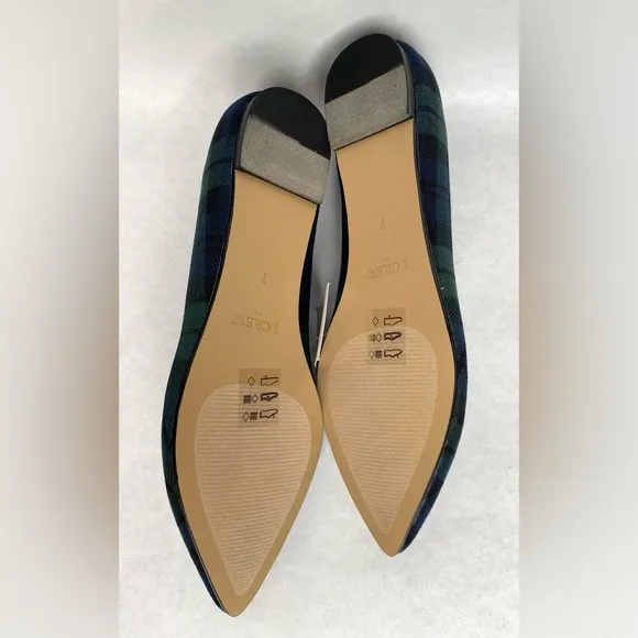 J. Crew Black Watch Plaid Pointed-toe Flats Navy Green Shoes w/Bow Size 7 NWT