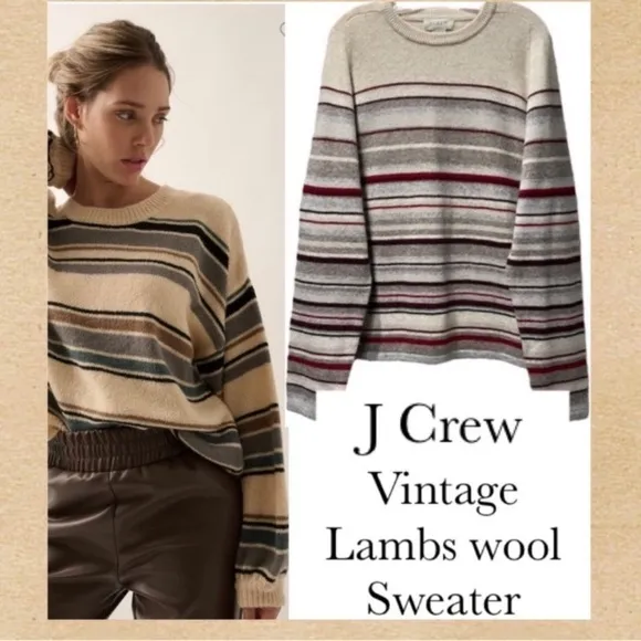 J Crew Lambswool Vintage Sweater Jumper Neutral Tan Brown Cream Burgundy Size XL