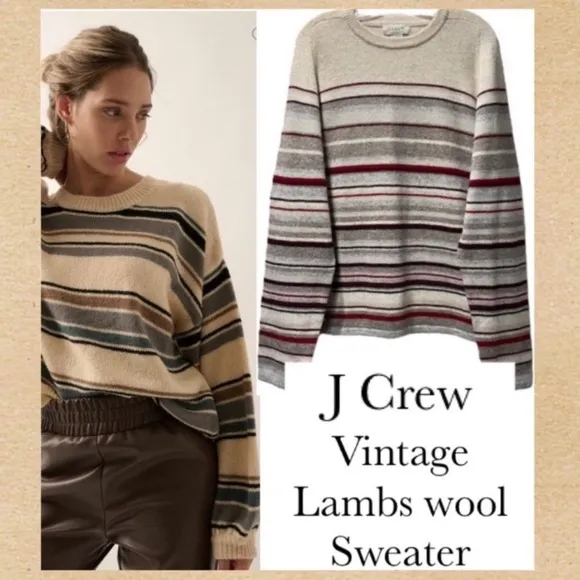 J Crew Lambswool Vintage Sweater Jumper Neutral Tan Brown Cream Burgundy Size XL