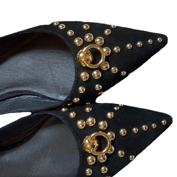 Jeffrey Campbell 'Appealing' Flats Sz 37 Black &amp; Gold Suede Leather Studs Shoes