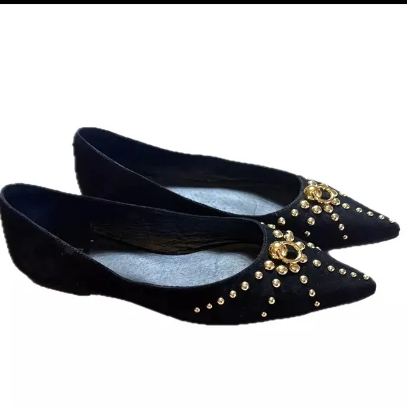 Jeffrey Campbell 'Appealing' Flats Sz 37 Black &amp; Gold Suede Leather Studs Shoes