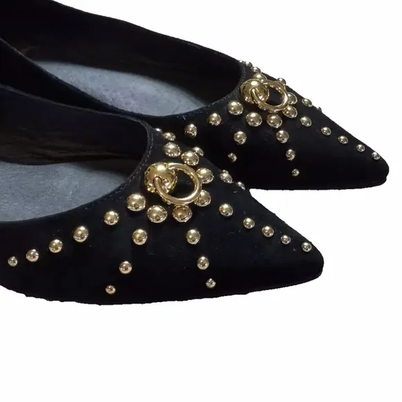 Jeffrey Campbell 'Appealing' Flats Sz 37 Black &amp; Gold Suede Leather Studs Shoes