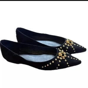 Jeffrey Campbell 'Appealing' Flats Sz 37 Black &amp; Gold Suede Leather Studs Shoes