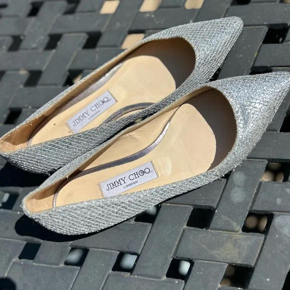 Jimmy Choo Glittery Silver Ballet Flats Women’s Shoes