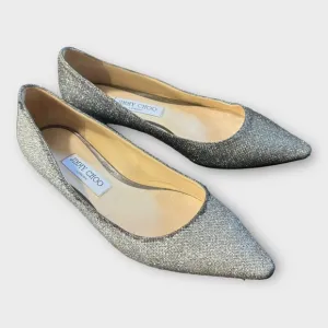 Jimmy Choo Italy Flats Womens 38 Glitter Silver Pointy Toe Ballerina Shoes Slip