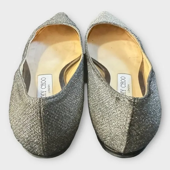 Jimmy Choo Italy Flats Womens 38 Glitter Silver Pointy Toe Ballerina Shoes Slip