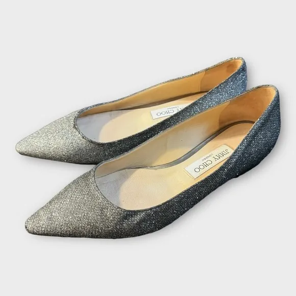 Jimmy Choo Italy Flats Womens 38 Glitter Silver Pointy Toe Ballerina Shoes Slip
