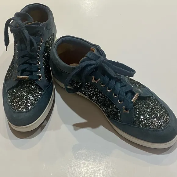 Jimmy Choo Miami Blue Low-Top Glitter Suede Sneakers Size 36.5