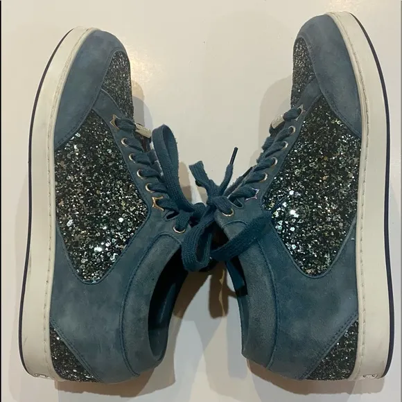 Jimmy Choo Miami Blue Low-Top Glitter Suede Sneakers Size 36.5