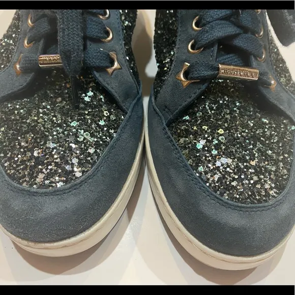 Jimmy Choo Miami Blue Low-Top Glitter Suede Sneakers Size 36.5