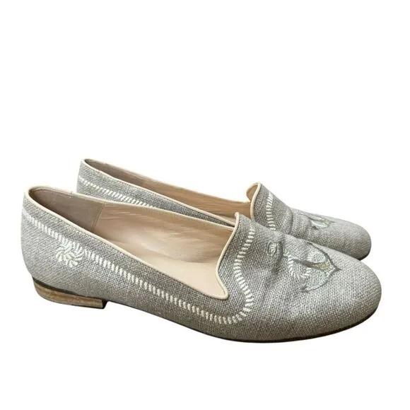 Jon Josef Linen Leather Gatsby anchor Embroidered Flats Loafers Shoes 7.5