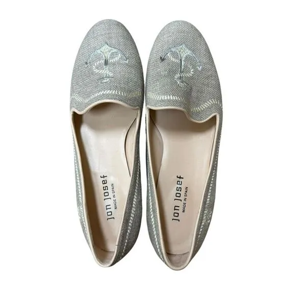 Jon Josef Linen Leather Gatsby anchor Embroidered Flats Loafers Shoes 7.5