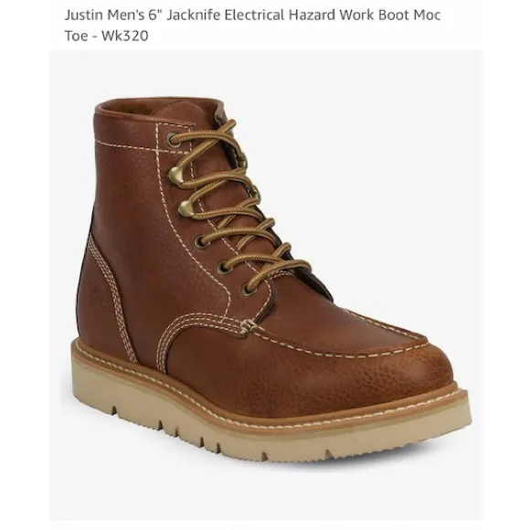 Justin Boots Jacknife WK320 EH 6” Cowhide Leather Brown Moc Toe Work Boot 12