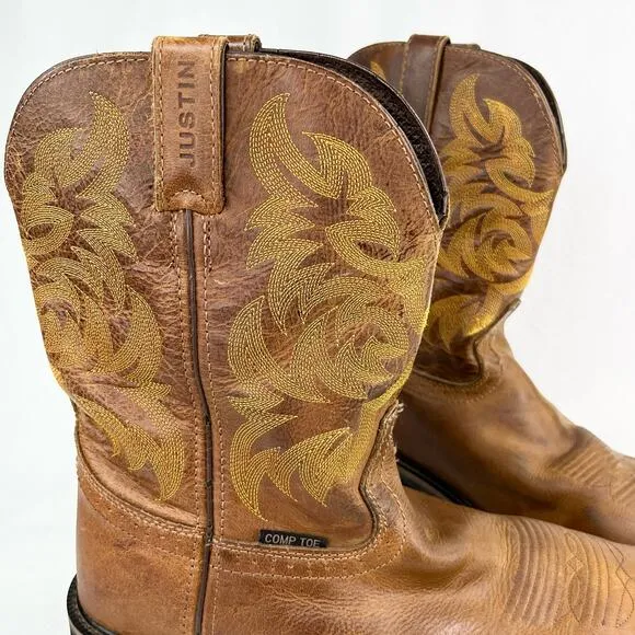 Justin Mens Stampede Handler Safety Toe Work Boots Brown Leather 13D