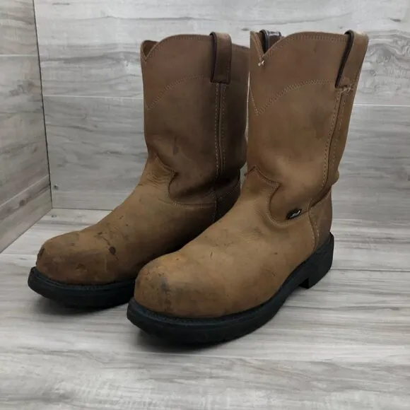Justin Steel Toe Work Boots Mens 10D Brown Leather Pull On Oil Resisting Shoes