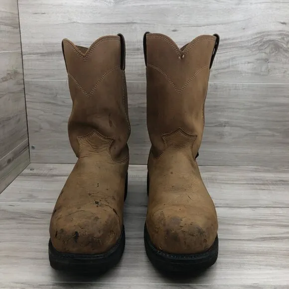 Justin Steel Toe Work Boots Mens 10D Brown Leather Pull On Oil Resisting Shoes
