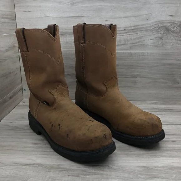 Justin Steel Toe Work Boots Mens 10D Brown Leather Pull On Oil Resisting Shoes