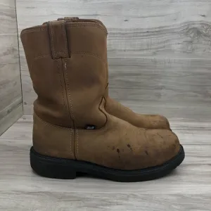Justin Steel Toe Work Boots Mens 10D Brown Leather Pull On Oil Resisting Shoes