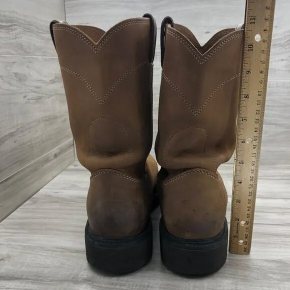 Justin Steel Toe Work Boots Mens 10D Brown Leather Pull On Oil Resisting Shoes