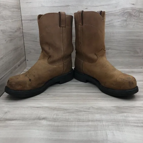 Justin Steel Toe Work Boots Mens 10D Brown Leather Pull On Oil Resisting Shoes