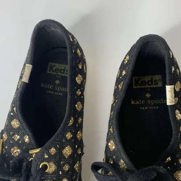 Keds by Kate Spade black woven gold glitter sneakers
