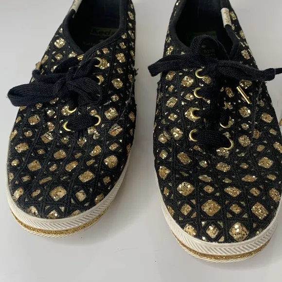 Keds by Kate Spade black woven gold glitter sneakers