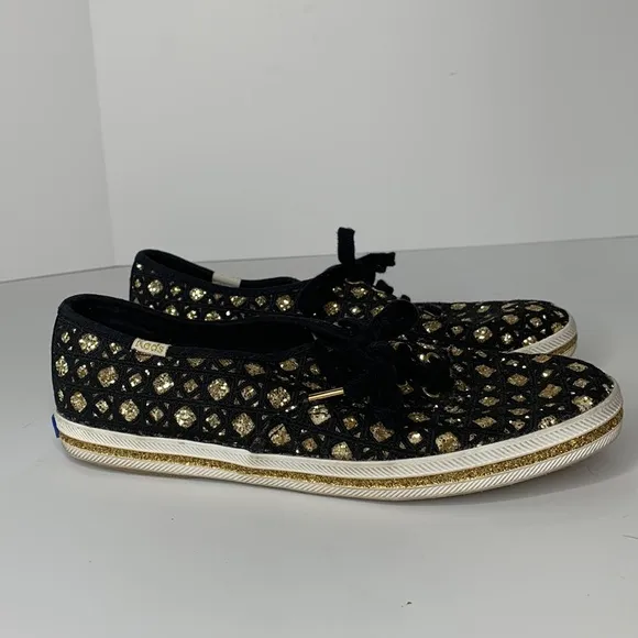 Keds by Kate Spade black woven gold glitter sneakers