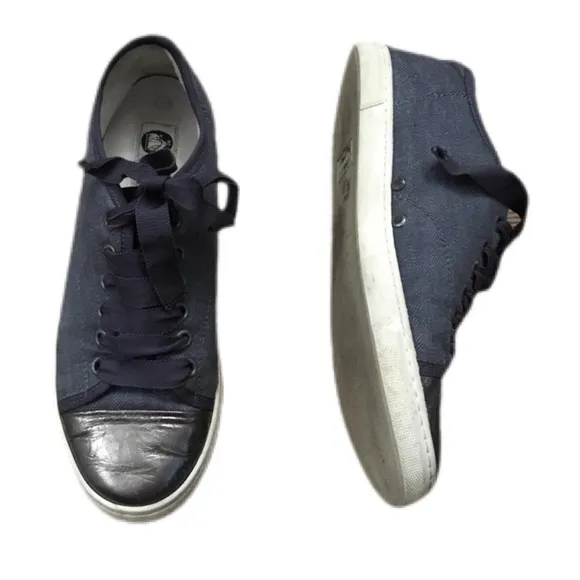 Lanvin Paris Sneakers Denim Blue Metallic Womens 7.5 Pewter Toe Cap Ribbon $595